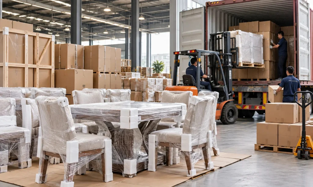 Packed dining furniture and container loading illustration