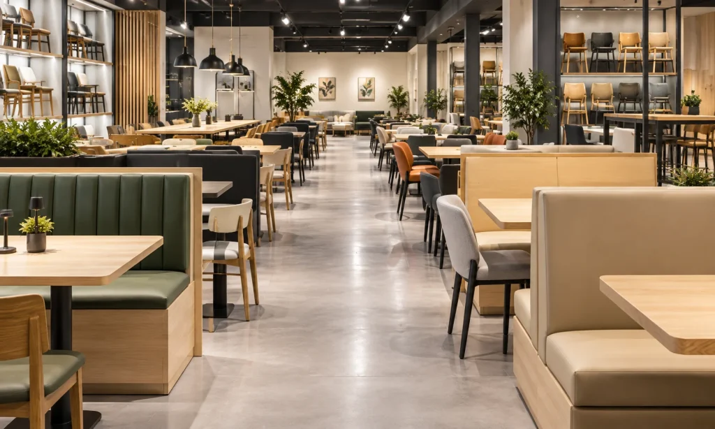 Dining tables, chairs and booth seating illustration