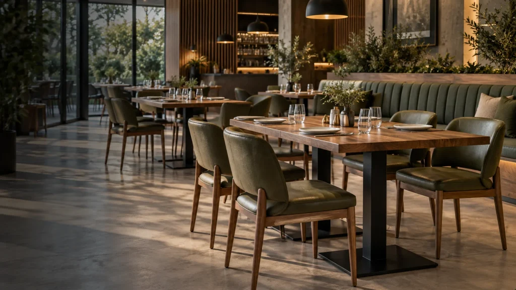 Commercial dining interior with wood tables, green chairs and booth seating